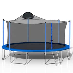 Anky 14 ft. Blue Metal Trampolines with Basketball Hoop, Ladder and Safety Enclosure Net, Double-side Color cover