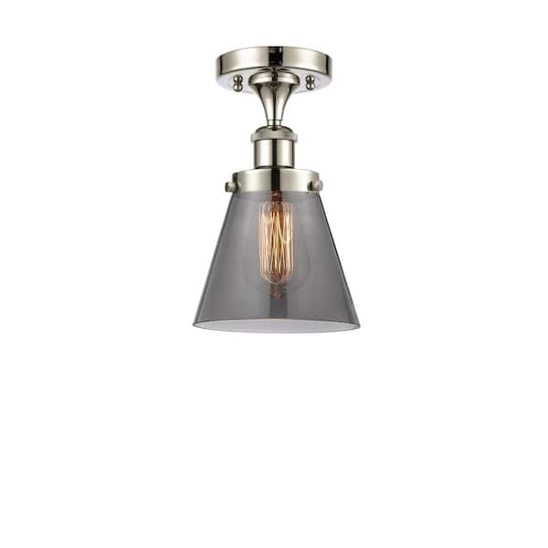 Cone 6 in. 1-Light Polished Nickel Industrial Semi-Flush Mount with Smoked Glass Shade