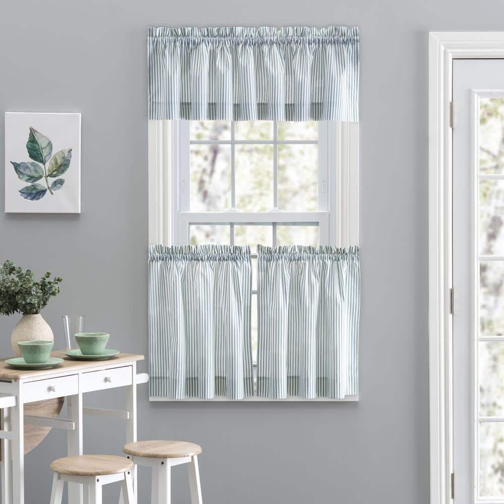 Blue Striped Cotton-Polyester Rod Pocket Valance