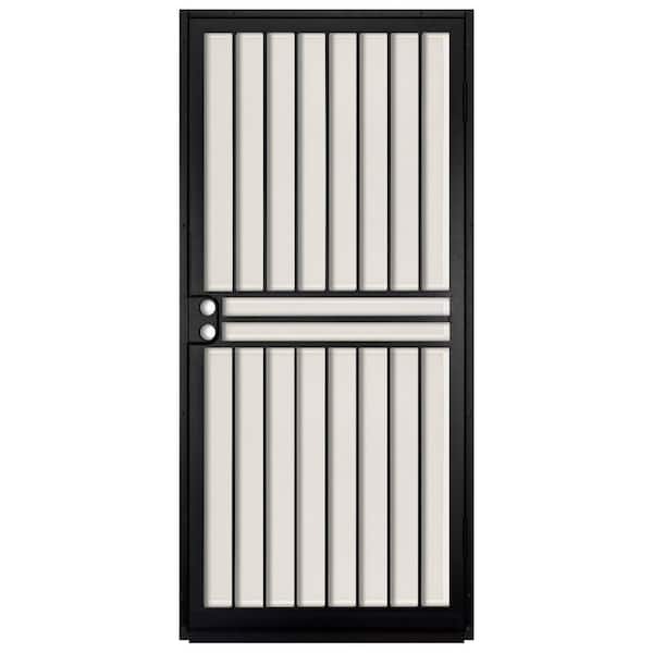 Unique Home Designs 36 in. x 80 in. Guardian Black Surface Mount Outswing Steel Security Door with Almond Perforated Aluminum Screen