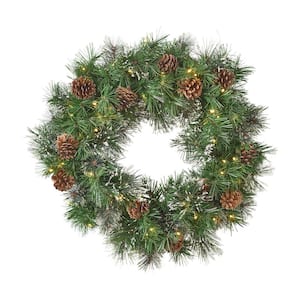 24 in. Battery Operated Pre-Lit LED Artificial Christmas Wreath with Snowy Branches and Pinecones