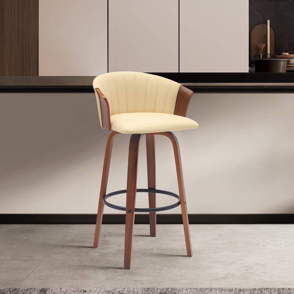Diana 26" Cream Faux Leather Swivel Walnut Wood Counter Stool