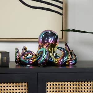7 in. Multi Colored Ceramic Octopus Sculpture with Rainbow Shimmer Finish