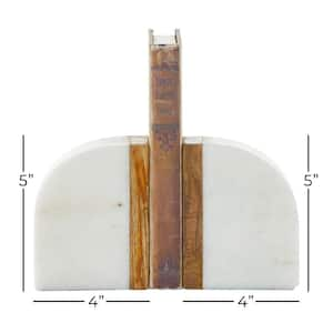 White Ceramic Marble Bookends with Wood Details (Set of 2)