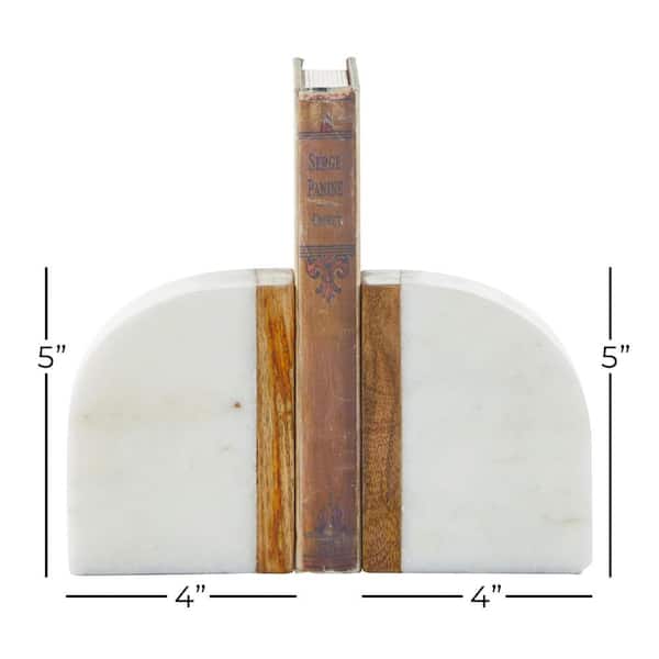 White Ceramic Marble Bookends with Wood Details (Set of 2)