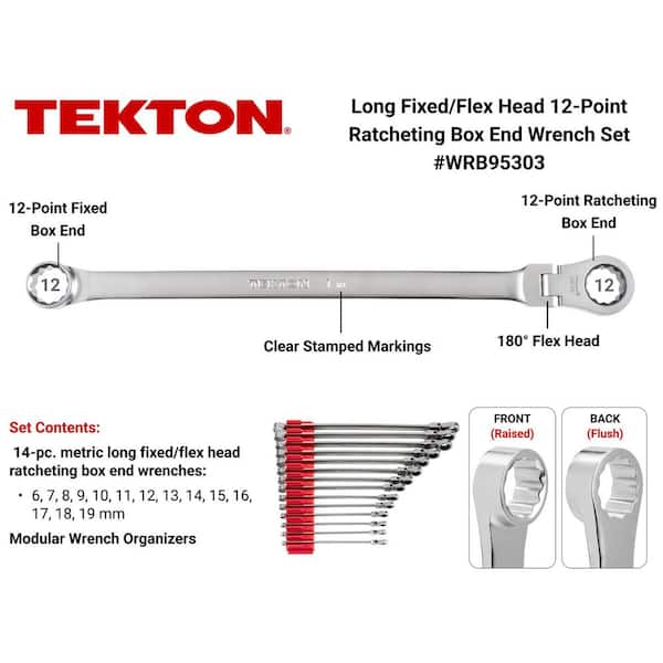 Long Fixed/Flex Head 12-Point Ratcheting Box End Wrench Set with Modular Organizers, 14-Piece (6-19 mm)