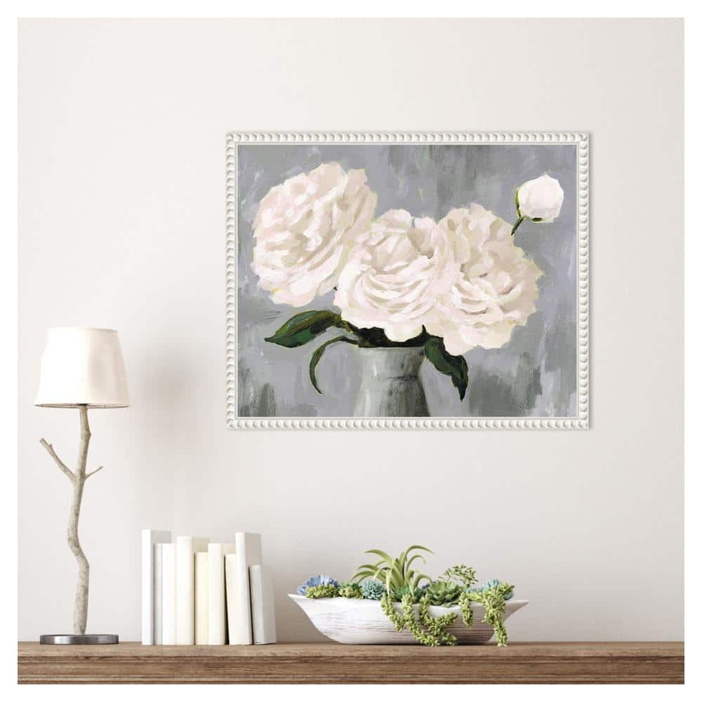White Blooms in Gray Vase II Canvas Print with White Frame