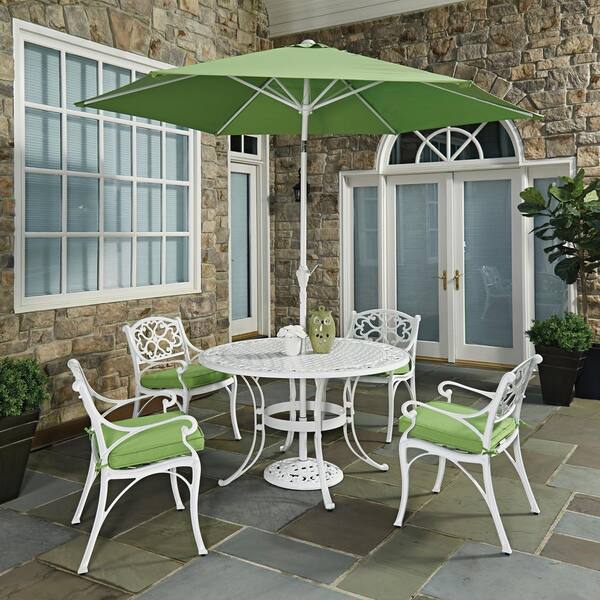 HOMESTYLES Sanibel White 7-Piece Cast Aluminium Round Dining Set with Green Cushions and Umbrella