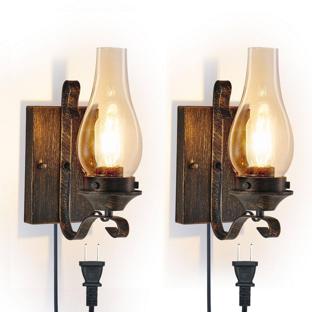 12 in. 2-Light Black and Gold Rustic Farmhouse Plug-in Wall Sconce with Clear Glass Shade for Bedroom Living Room price history on PriceWatchPro