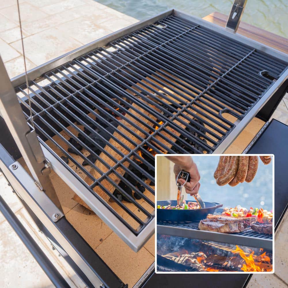 Argentine Black Steel BBQ Grill with Acacia Wood Side Table