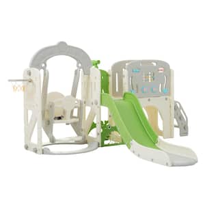 Green 10-in-1 Indoor, Outdoor Kids Slide Playset Structure with Basketball Hoop, Arch Tunnel and Telescope