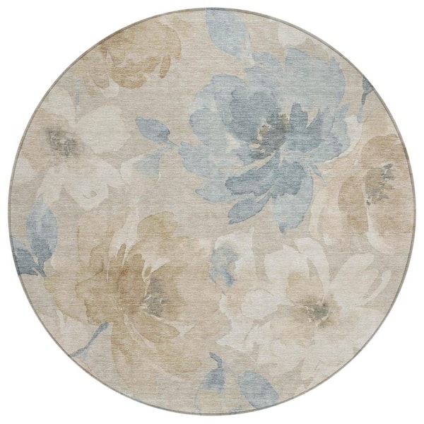 Chantille Machine Washable Indoor/Outdoor Abstract ACN3014 Linen 8 ft. x 8 ft. Round Rug