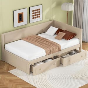 Beige Twin Wood Daybed with 2-Drawers and Guardrail