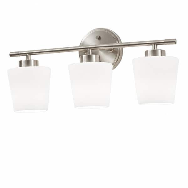 17.5 in. 3-Light Brushed Nickel LED Vanity Light Bar with Milk Glass Shades for Bathroom Mirror