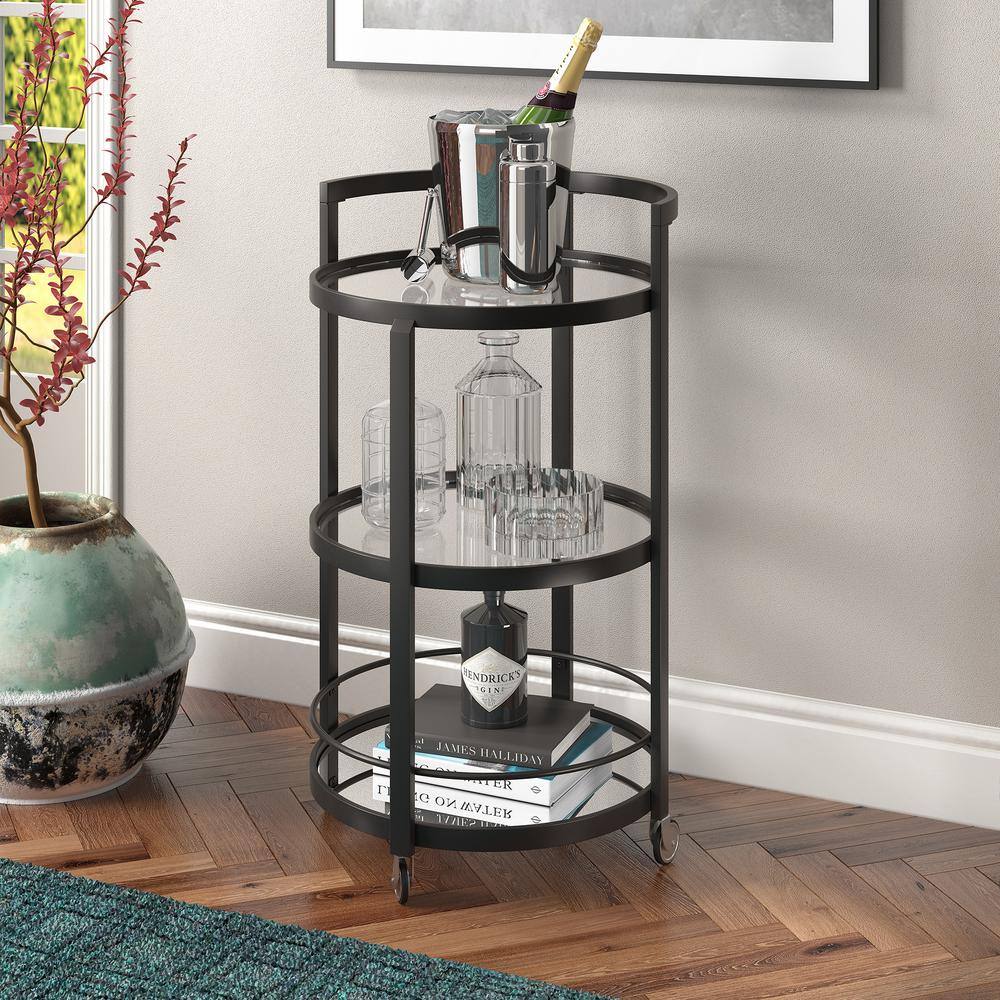 Bronze-Tinted Glass and Blackened Steel Round Bar Cart with Wine Rack