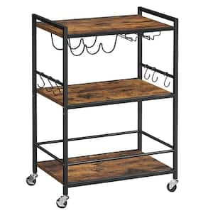 3-Tier Brown Metal Serving Cart with Wood Shelf, Hooks, Wine Rack and Glass Holder