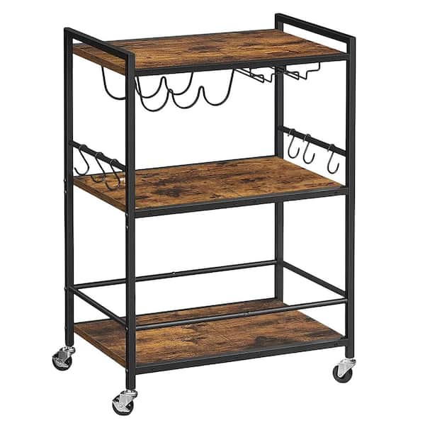 Angel Sar 3-Tier Brown Metal Serving Cart with Wood Shelf, Hooks, Wine Rack and Glass Holder