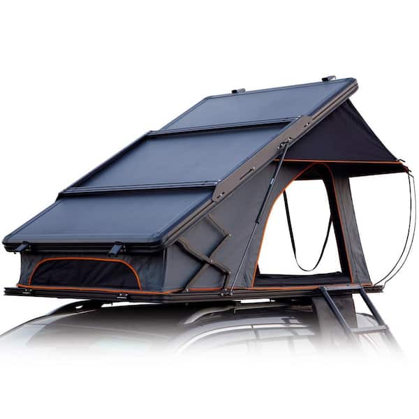Black Hard Shell and Grey Fabric 2-Person Aluminum Car Rooftop Tent Anti UV with Luggage Bars, Ladder, LED Strip