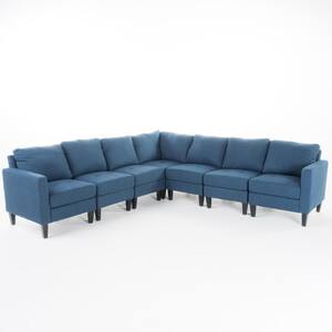 7-Piece Dark Blue Polyester 6-Seater L-Shaped Sectional Sofa with Wood Legs