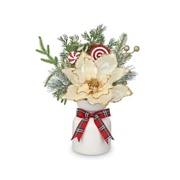 12 in. White Artificial Magnolia Flowers in Ceramic Vase