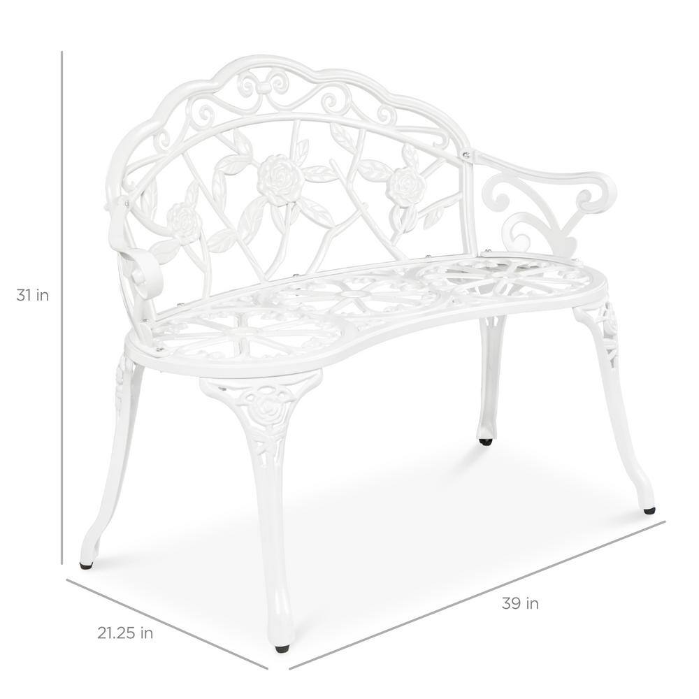 Elegant Antique-Style Rose Accented White Metal Garden Bench
