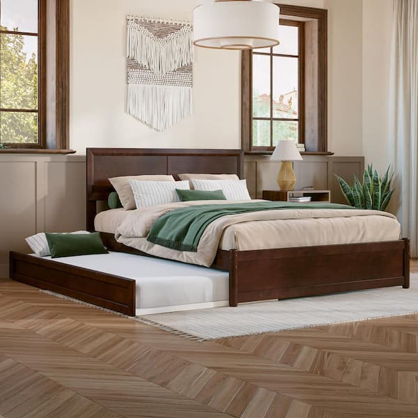 Lylah Walnut Brown Solid Wood Frame Full Platform Bed with Panel Footboard and Twin Trundle