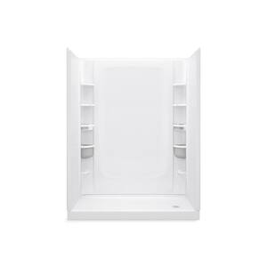 STORE+ 60 in. x 34 in. Single Threshold Center Drain Shower Base with Shower Walls and 10-Piece Accessory Kit in White