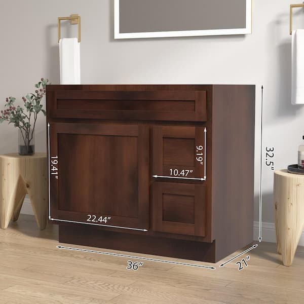 Vanity Art 36 in. W x 21 in. D x 32.5 in. H 2-Right Drawers Bath Vanity Cabinet Only in Brown