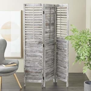 6 ft. Gray 3 Panel Distressed Shutter Top Room Divider Screen with Brown Accents