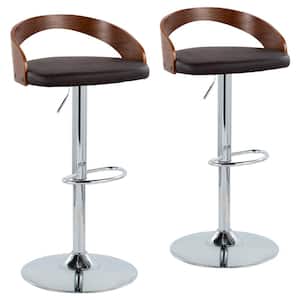 Grotto 39 in. Brown Faux Leather, Walnut Wood and Chrome Metal Adjustable Bar Stool with Oval Footrest (Set of 2)
