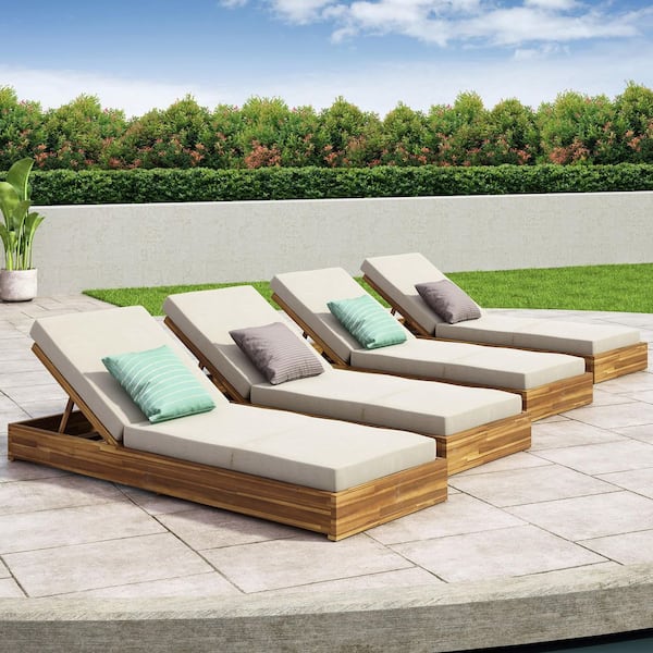 Mossbloom Patio Solid Wood Adjustable Outdoor Chaise Lounge with Cream Cushions, Teak, Set of 4