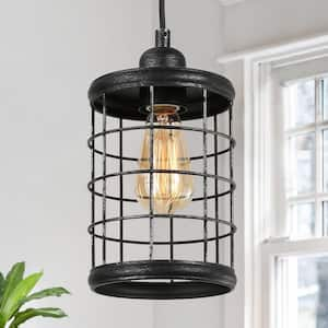 Drum Pendant Light with Brushed Black Metal Wire Mesh Cylinder Shade 1-Light Cottage Island Chandelier for Foyer Kitchen