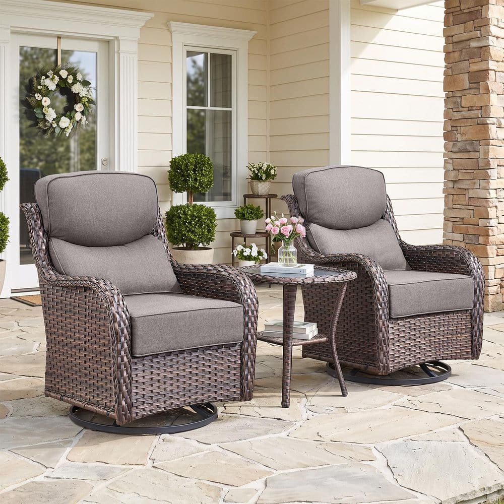 MoonLuxe Brown Swivel Glider Wicker Outdoor Gliders with Gray Olefin 6 in. Thick Cushions/Side Table (3-Piece) price history on PriceWatchPro