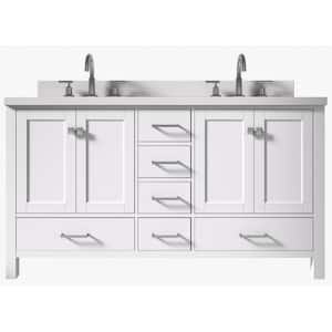 Cambridge 61 in. W x 22 in. D x 36 in. H Vanity in White with Pure White Quartz Top