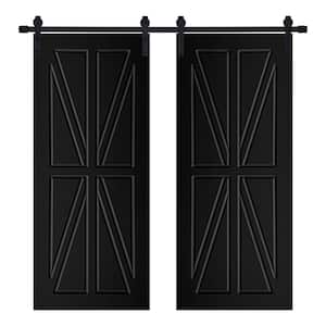 Modern British Flag Designed 48 in. x 80 in. MDF Panel Black Painted Double Sliding Barn Door with Hardware Kit