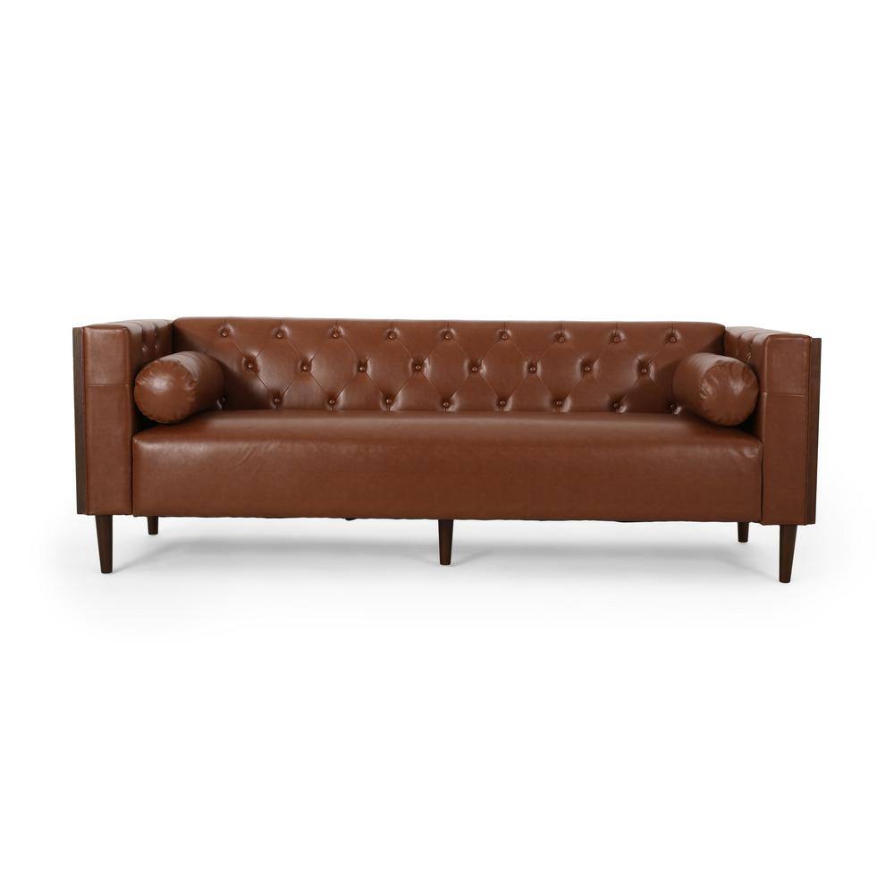 Cognac Brown Tufted Faux Leather 3-Seater Tuxedo Sofa with Wood Accents