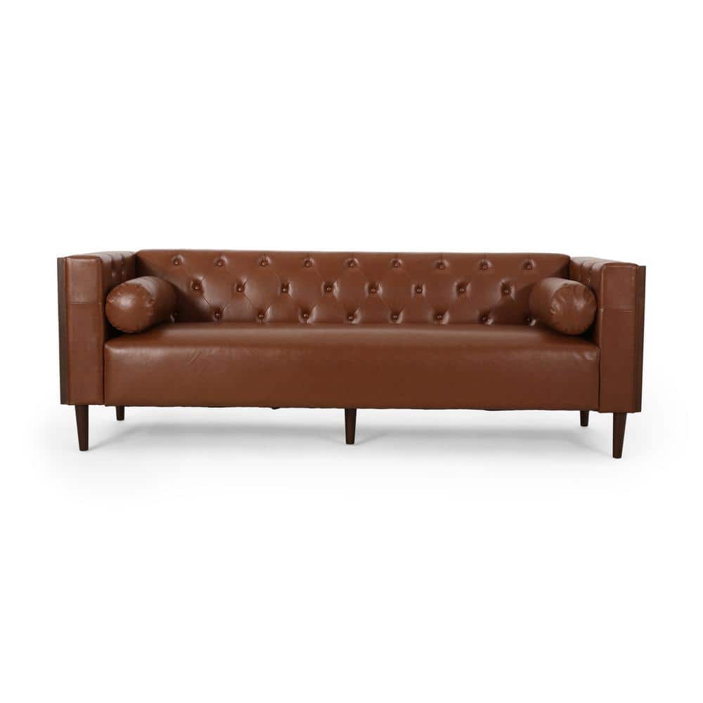 Front view of a cognac brown faux leather 3-seat tuxedo sofa.