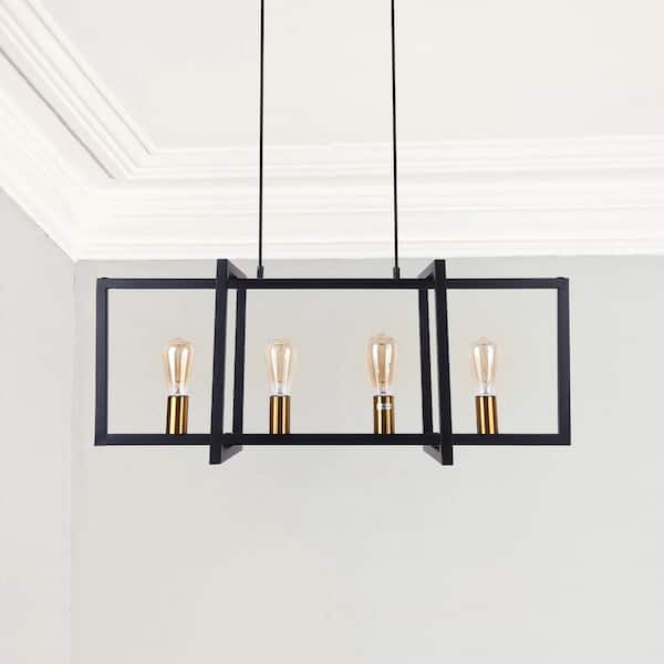 RRTYO Farmhouse 4-Light Black Island Geometric Candlestick Metal Chandelier with Acrylic Shade