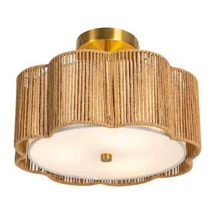 13.4 in. 3-Light Gold Rustic Semi-Flush Mount Ceiling Light with Woven Rattan Shade and No Bulbs Included