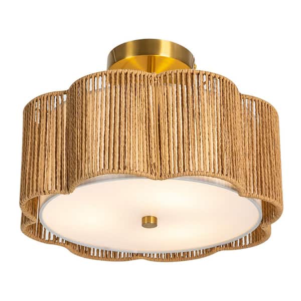 OUKANING 13.4 in. 3-Light Gold Rustic Semi-Flush Mount Ceiling Light with Woven Rattan Shade and No Bulbs Included