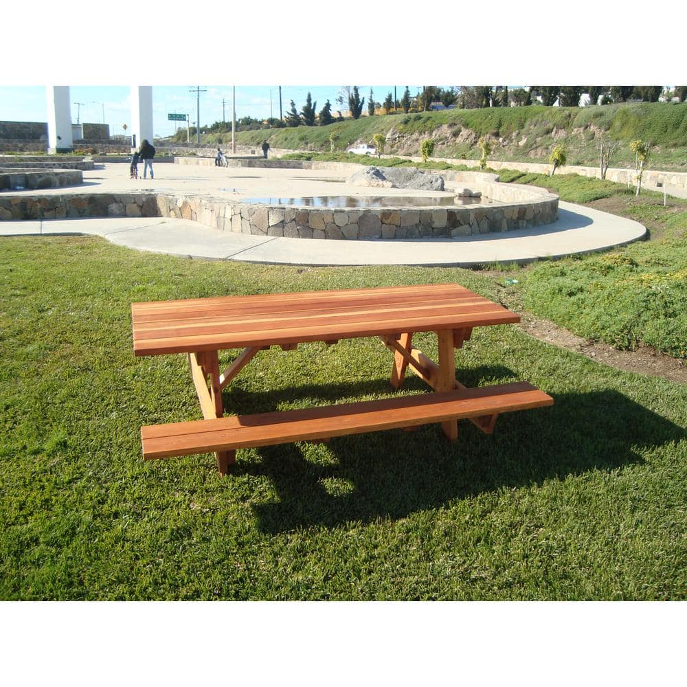 96" Medium Brown Redwood Picnic Table with Attached Benches