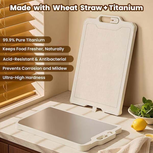 Dura Titanium and Wheat Straw PP Cutting Board Double-Sided 16.1 in. x 10.8 in. with Knife Sharpener and Juice Groove
