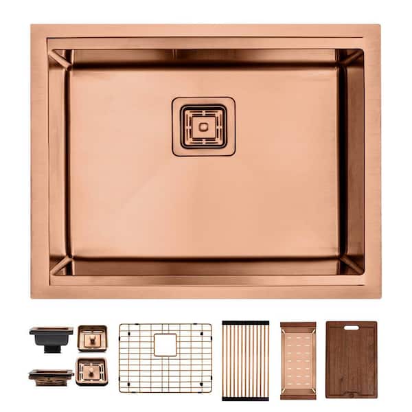 23 in. Undermount Single Bowl 16 Gauge Copper Stainless Steel Kitchen Sink with Accessories Included