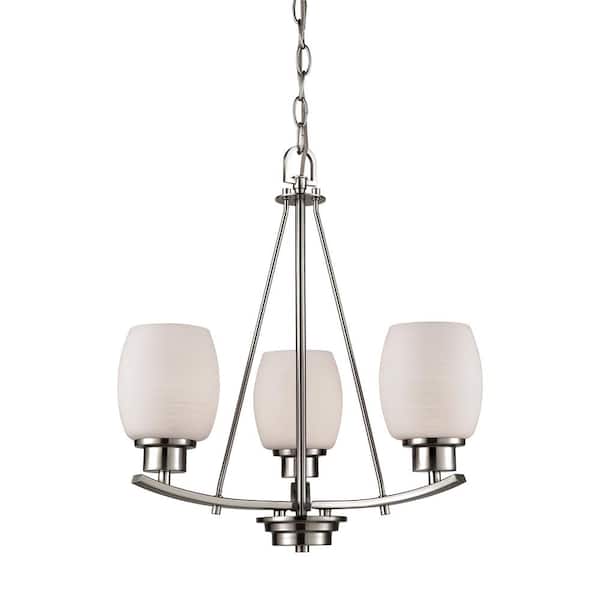 Thomas Lighting Casual Mission 3-Light Brushed Nickel Chandelier With White Lined Glass Shades