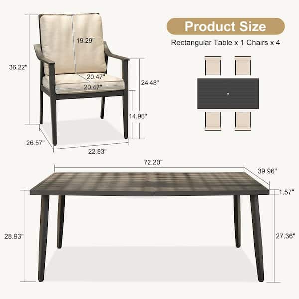 5 Piece Wicker Outdoor Dining Set with 1.57 in. Umbrella Hole and Metal Rectangular Table and 4 Chairs w/ Cushion, Khaki
