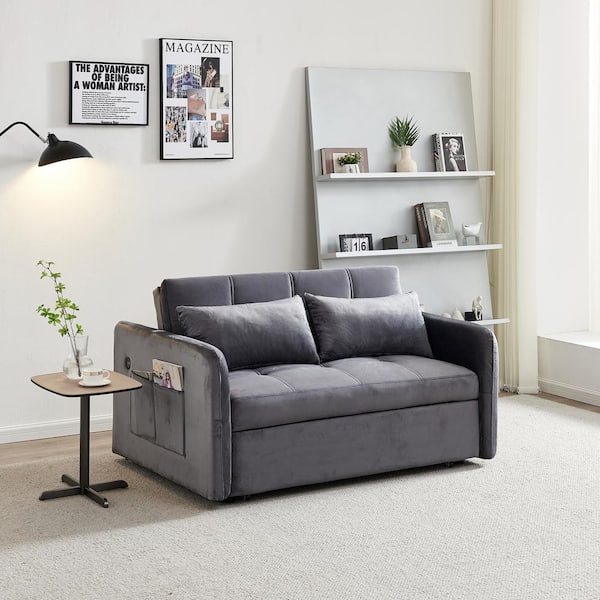83 Gray Full Sleeper Sofa Linen Convertible Sofa Bed with Storage & Side  Pockets