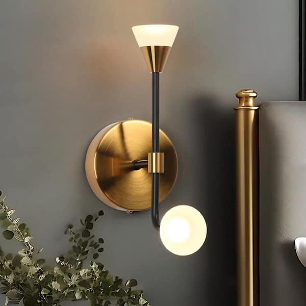 Mid-century Modern 4.7 in. 2-Lights Plated Brass Integrated LED Wall Sconce Lighting, Black Wall Light Fixture for Foyer