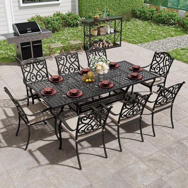 Mondawe 9-Piece Black Cast Aluminum Patio Outdoor Dining Set with Rectangle Expandable Table 8 Dining Chairs with Beige Cushion
