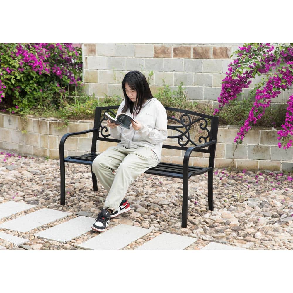 Gardenised Steel Outdoor Patio Garden Park Seating Bench with Cast Iron Scrollwork Backrest, Front Porch Yard Bench Lawn Decor