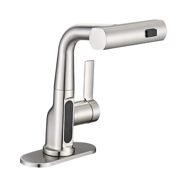 Single Handle Pull-Out Spout Single Hole Bathroom Sink Faucet with Deckplate Included in Brushed Nickel